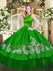 Fancy Scoop Sleeveless Quinceanera Dresses Floor Length Embroidery Green Satin and Tulle