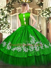 Fancy Scoop Sleeveless Quinceanera Dresses Floor Length Embroidery Green Satin and Tulle