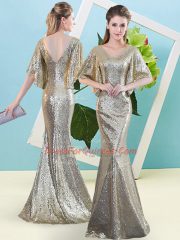 New Style Floor Length Silver Prom Dresses Sequined Half Sleeves Sequins