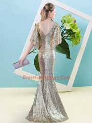 New Style Floor Length Silver Prom Dresses Sequined Half Sleeves Sequins