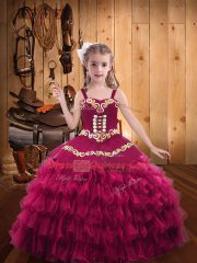 Luxurious Fuchsia Organza Lace Up Straps Sleeveless Floor Length Pageant Dresses Embroidery and Ruffled Layers