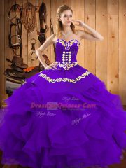 Sweetheart Sleeveless Satin and Organza Quinceanera Dress Embroidery and Ruffles Lace Up