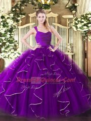 Decent Straps Sleeveless Sweet 16 Dresses Floor Length Ruffles Eggplant Purple Organza