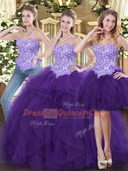 Affordable Purple Quinceanera Gown Military Ball and Sweet 16 and Quinceanera with Beading and Ruffles Sweetheart Sleeveless Lace Up
