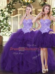 Affordable Purple Quinceanera Gown Military Ball and Sweet 16 and Quinceanera with Beading and Ruffles Sweetheart Sleeveless Lace Up
