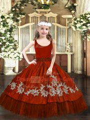 Scoop Sleeveless Little Girl Pageant Gowns Floor Length Beading and Appliques Wine Red Taffeta