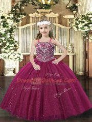 Stylish Fuchsia Ball Gowns Beading Little Girls Pageant Dress Wholesale Lace Up Tulle Sleeveless Floor Length