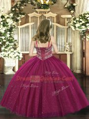 Stylish Fuchsia Ball Gowns Beading Little Girls Pageant Dress Wholesale Lace Up Tulle Sleeveless Floor Length