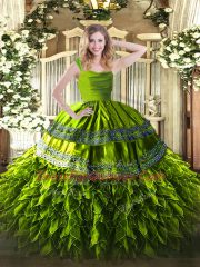 Great Sleeveless Floor Length Beading and Ruffles Zipper 15 Quinceanera Dress with Olive Green