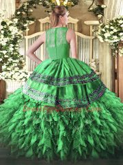 Great Sleeveless Floor Length Beading and Ruffles Zipper 15 Quinceanera Dress with Olive Green