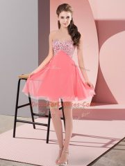Mini Length Watermelon Red Prom Gown Chiffon Sleeveless Beading