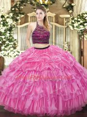Custom Fit Floor Length Rose Pink Quinceanera Dresses Halter Top Sleeveless Zipper