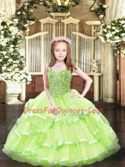 Ball Gowns Girls Pageant Dresses Yellow Green Straps Organza Sleeveless Floor Length Lace Up