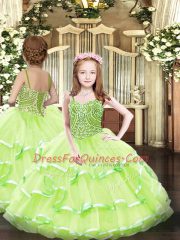 Custom Designed Sweetheart Sleeveless Quinceanera Dress Floor Length Beading and Ruffled Layers Yellow Green Tulle