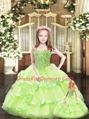 Custom Designed Sweetheart Sleeveless Quinceanera Dress Floor Length Beading and Ruffled Layers Yellow Green Tulle