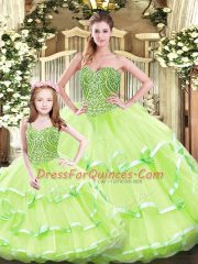 Custom Designed Sweetheart Sleeveless Quinceanera Dress Floor Length Beading and Ruffled Layers Yellow Green Tulle