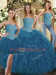 Extravagant Teal Ball Gowns Sweetheart Sleeveless Tulle Floor Length Lace Up Beading and Ruffles Quince Ball Gowns