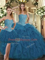Extravagant Teal Ball Gowns Sweetheart Sleeveless Tulle Floor Length Lace Up Beading and Ruffles Quince Ball Gowns