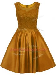Brown A-line Satin Scoop Sleeveless Lace Mini Length Zipper Dama Dress