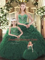 Pretty Dark Green Organza Lace Up Sweetheart Sleeveless Floor Length Ball Gown Prom Dress Ruffles