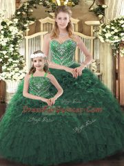 Pretty Dark Green Organza Lace Up Sweetheart Sleeveless Floor Length Ball Gown Prom Dress Ruffles
