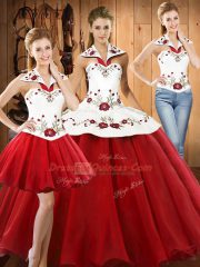 High End Wine Red Satin and Tulle Lace Up Halter Top Sleeveless Floor Length Sweet 16 Dresses Embroidery