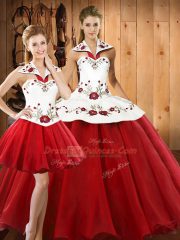 High End Wine Red Satin and Tulle Lace Up Halter Top Sleeveless Floor Length Sweet 16 Dresses Embroidery