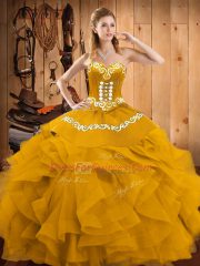 Floor Length Gold Vestidos de Quinceanera Satin and Organza Sleeveless Embroidery and Ruffles