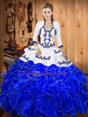 Fitting Blue And White Sleeveless Floor Length Embroidery and Ruffles Lace Up Quince Ball Gowns