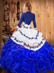 Fitting Blue And White Sleeveless Floor Length Embroidery and Ruffles Lace Up Quince Ball Gowns