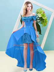 Affordable Empire Dress for Prom Baby Blue Off The Shoulder Elastic Woven Satin and Sequined Short Sleeves High Low Lace Up