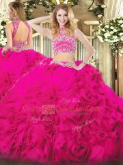 Sleeveless Tulle Floor Length Backless Sweet 16 Dress in Hot Pink with Beading and Ruffles