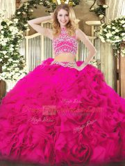 Sleeveless Tulle Floor Length Backless Sweet 16 Dress in Hot Pink with Beading and Ruffles