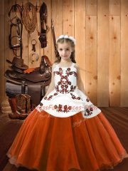 Orange Red Sleeveless Floor Length Embroidery Lace Up Little Girl Pageant Gowns