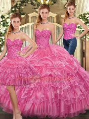 Elegant Rose Pink Sweetheart Neckline Beading and Ruffles Quinceanera Dresses Sleeveless Lace Up