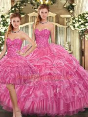Elegant Rose Pink Sweetheart Neckline Beading and Ruffles Quinceanera Dresses Sleeveless Lace Up