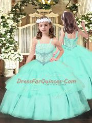 Simple Tulle Sweetheart Sleeveless Lace Up Beading and Ruching Sweet 16 Dresses in Aqua Blue