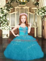Eye-catching Spaghetti Straps Sleeveless Pageant Dress Womens Floor Length Beading and Ruffles and Pick Ups Aqua Blue Organza