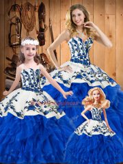 Admirable Blue Sleeveless Embroidery and Ruffles Floor Length Quinceanera Gown