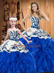 Admirable Blue Sleeveless Embroidery and Ruffles Floor Length Quinceanera Gown