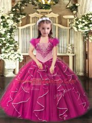 Fuchsia Sleeveless Floor Length Embroidery and Ruffles Lace Up Kids Formal Wear