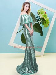 Pretty Apple Green Half Sleeves Sequins Floor Length Prom Party Dress