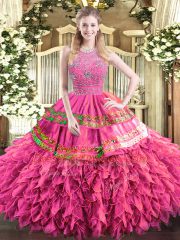 Beading and Ruffles and Sequins Quinceanera Gown Hot Pink Zipper Sleeveless Floor Length