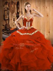 Fantastic Rust Red Satin and Organza Lace Up 15th Birthday Dress Sleeveless Floor Length Embroidery and Ruffles