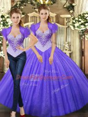 Floor Length Lace Up Vestidos de Quinceanera Purple for Military Ball and Sweet 16 and Quinceanera with Beading