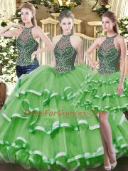 High-neck Sleeveless Organza Quinceanera Dress Beading and Ruffled Layers Lace Up