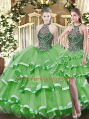 High-neck Sleeveless Organza Quinceanera Dress Beading and Ruffled Layers Lace Up