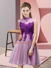 Latest Knee Length Lilac Dama Dress for Quinceanera High-neck Sleeveless Lace Up