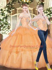 Adorable Off The Shoulder Sleeveless Quinceanera Dresses Floor Length Beading and Ruffled Layers Orange Red Organza