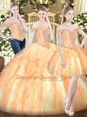 Gold Ball Gowns Off The Shoulder Sleeveless Organza Floor Length Lace Up Ruffles Vestidos de Quinceanera